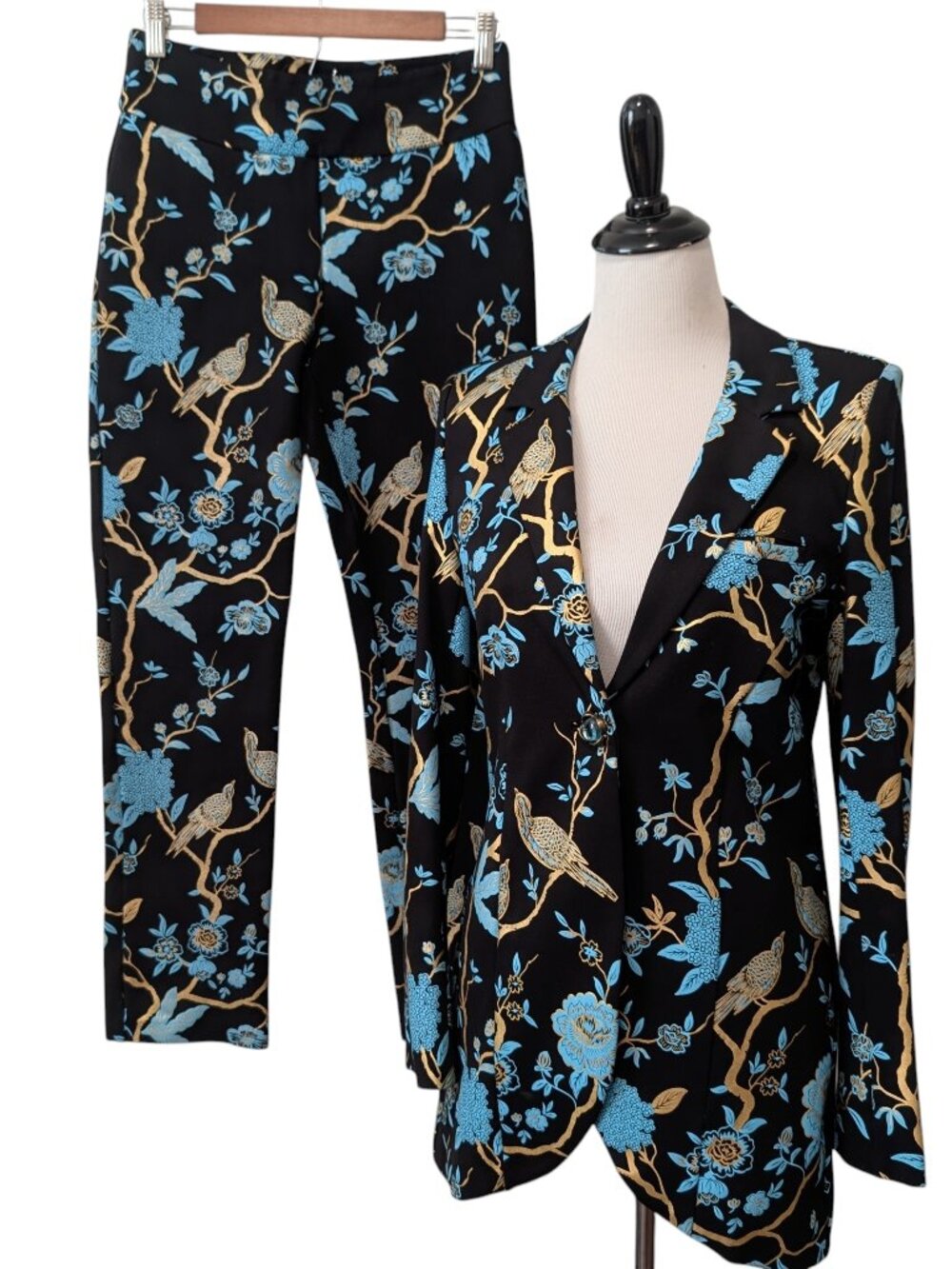 Soft Surroundings Size S Black Blue Gold Chinoiserie Bird Floral Blazer Pant Set